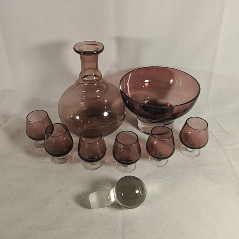 Amethyst Purple Glass Decanter Set of 9 6 Glasses Cups Bowl Rest Stop Topper VTG
